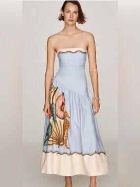 FARM Rio Strapless Sea Life Midi Dress in Light Blue with Cream and Tan Accents